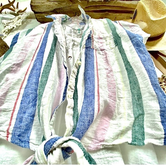 Comfy LINEN boho sleeveless blouse in trendy pastel stripes-cottage/resort vibe - Picture 2 of 13